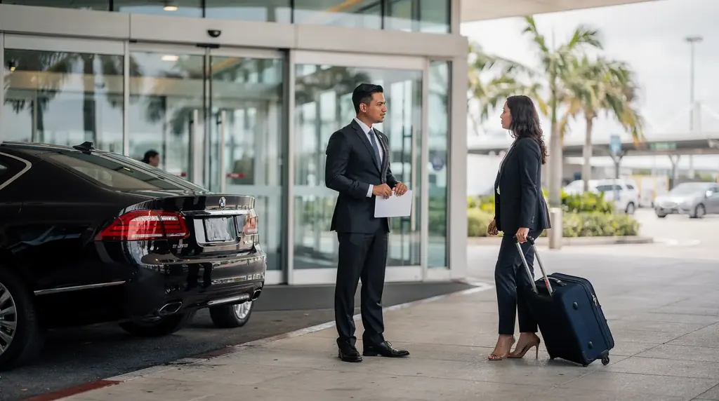 Chauffeur in a suit greeting a traveler with a rolling suitcase beside a black sedan at an airport curb lined with palm trees