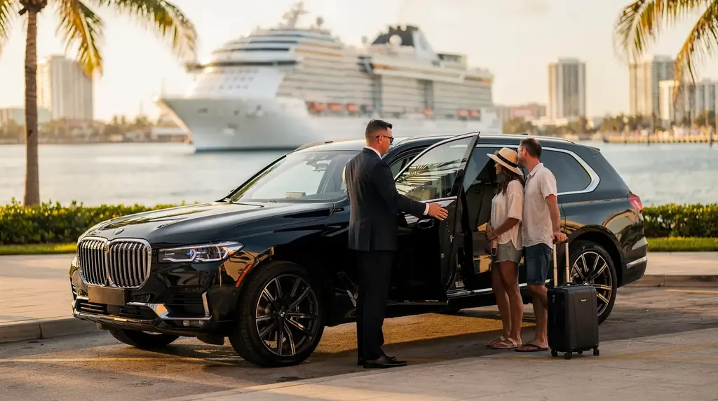 Chauffeur opening an SUV door for cruise passengers with a ship docked at PortMiami behind them