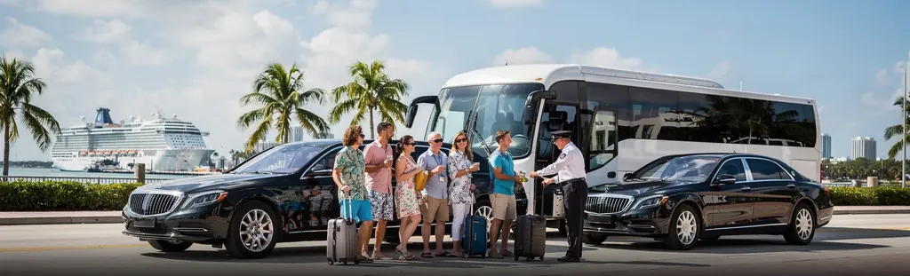 Chauffeur greeting a group of cruise travelers with suitcases beside two black Mercedes-Benz sedans and a white coach, a cruise ship behind them