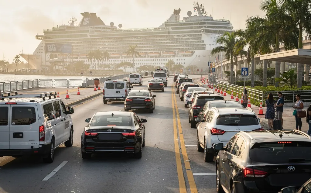 Cars and vans queued on a cruise terminal drop-off road beside a docked cruise ship, travelers with luggage on the sidewalk