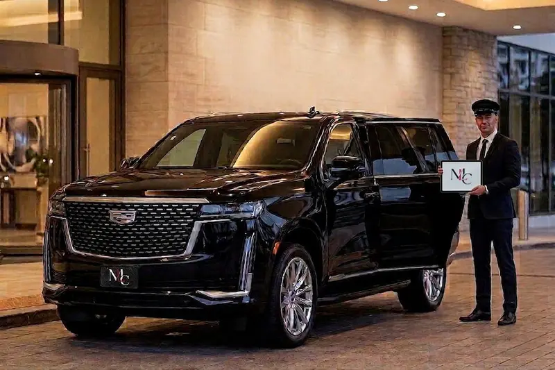 Black Cadillac Escalade SUV with a Miami Limo Car chauffeur holding a name sign