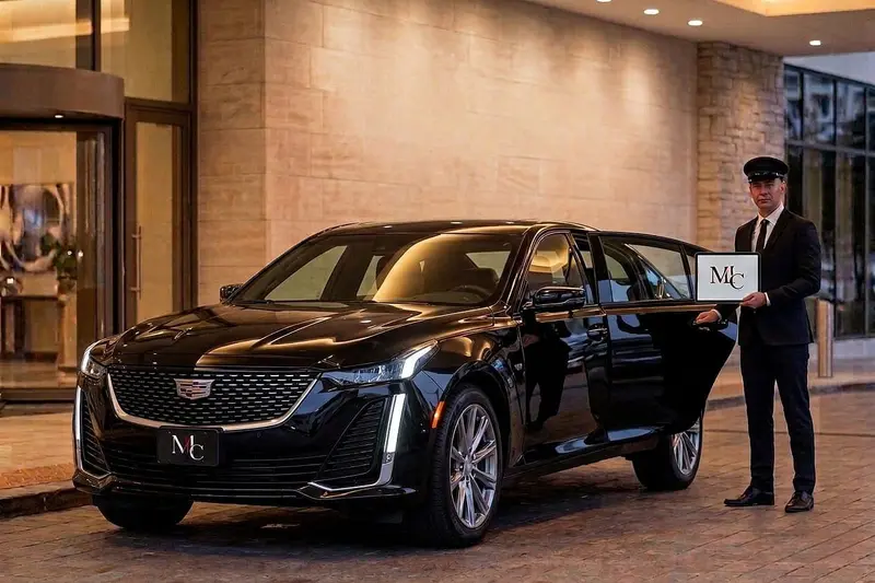 Black Cadillac luxury sedan with a Miami Limo Car chauffeur at a hotel entrance