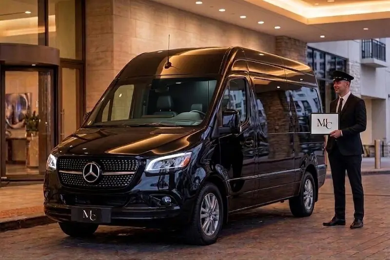 Black Mercedes-Benz Sprinter van with driver for group transportation in Miami