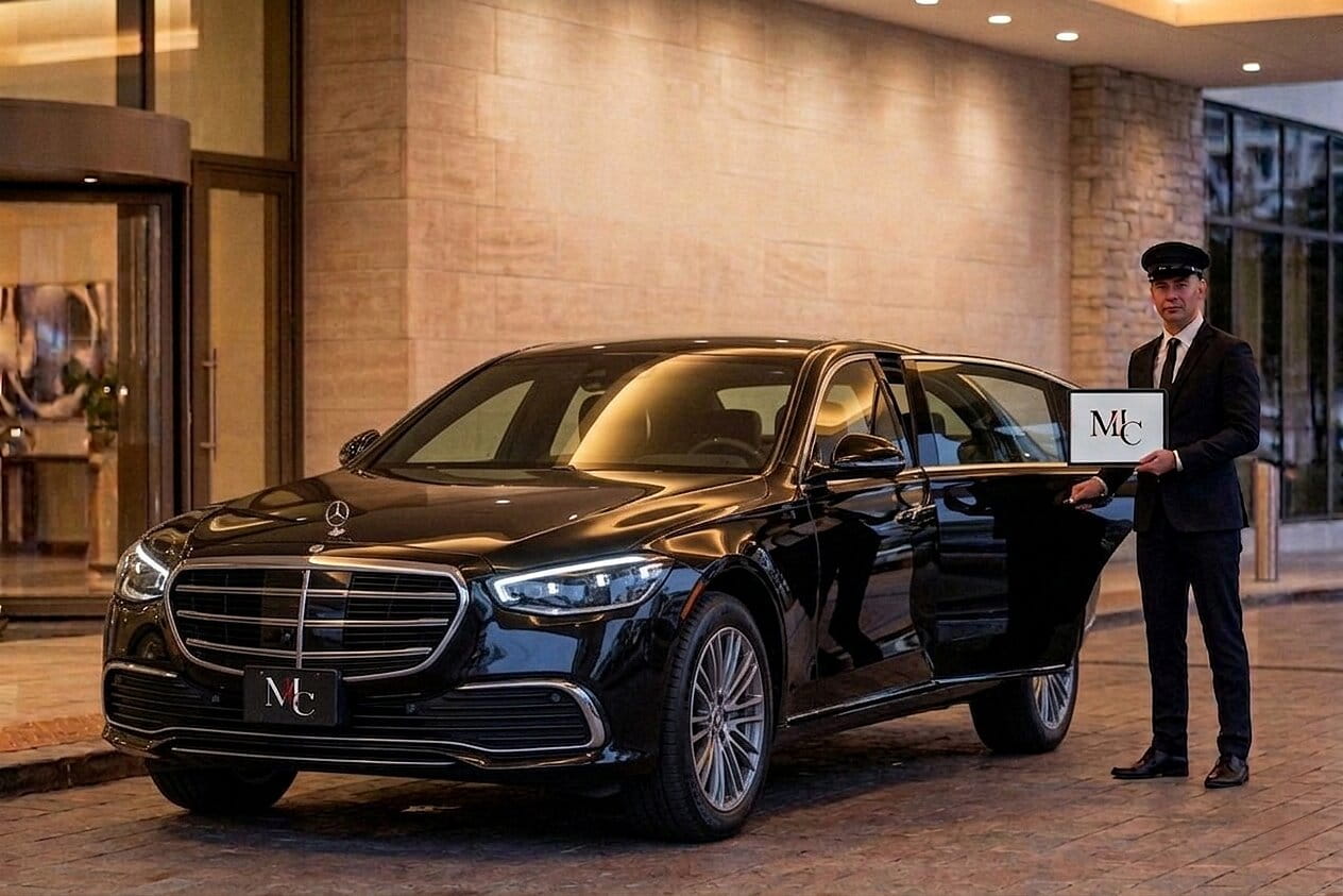 Chauffeur holding a Miami Limo Car name sign beside a black Mercedes S-Class outside a hotel