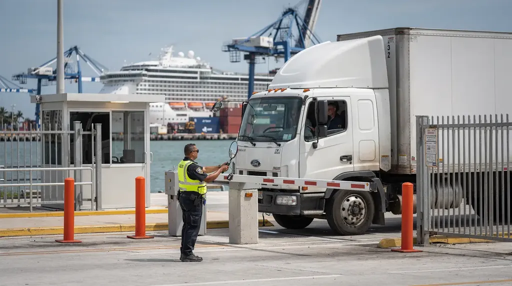 Port security officer at a barrier gate checking a truck, with a cruise ship and container cranes behind