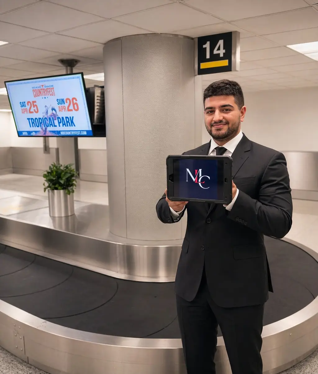 Miami Limo Car chauffeur holding a tablet with the company logo at a Miami International Airport baggage carousel