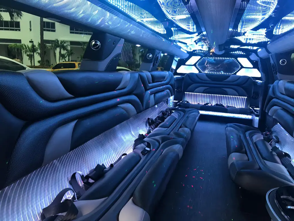 Party-lit interior of a Miami Limo Car stretch limousine