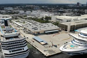 Aerial view of cruise ships docked at Port Everglades in Fort Lauderdale