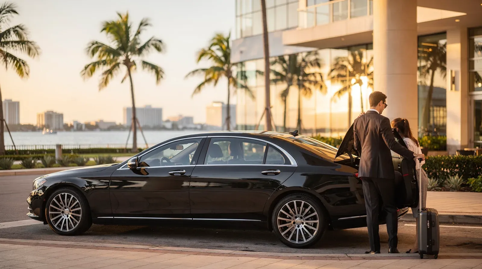 Chauffeur loading luggage into a luxury car for Miami to Tampa travel service.